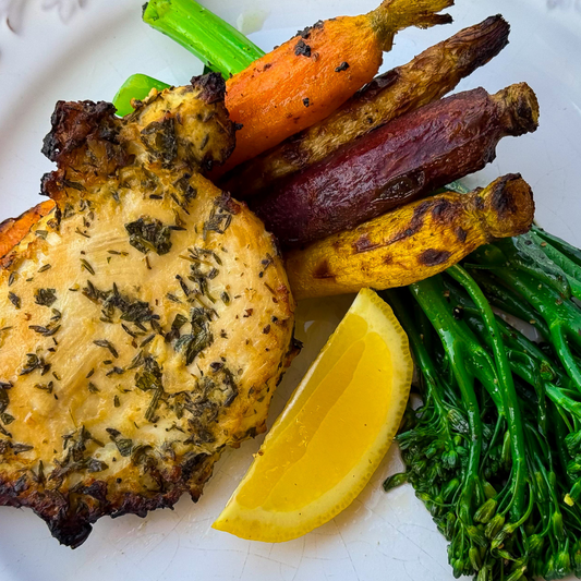 Lemon Herb Chicken with Roasted Baby Carrots & Baby Broccolini