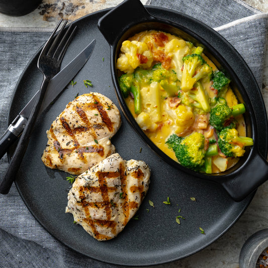 Grilled Chicken Over Cheesy Bacon Broccoli Casserole