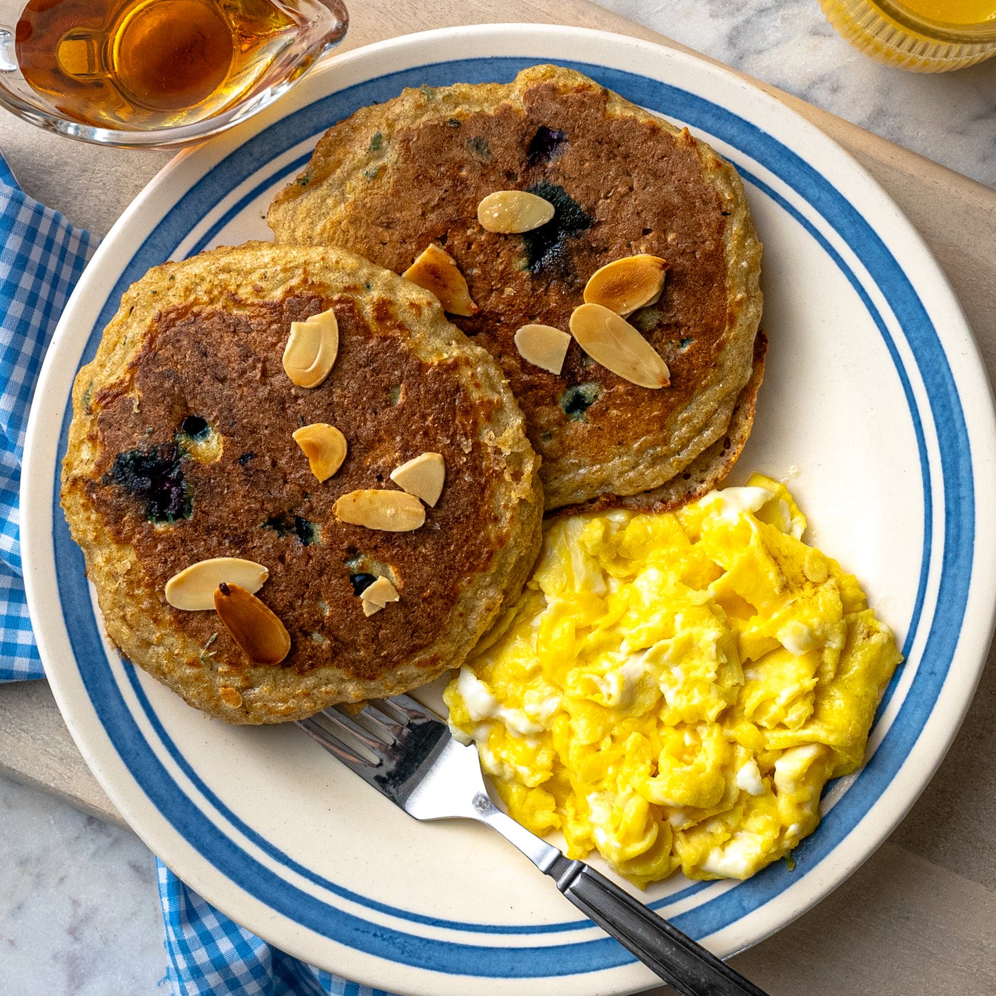 Blueberry Protein Pancakes with Egg Scramble