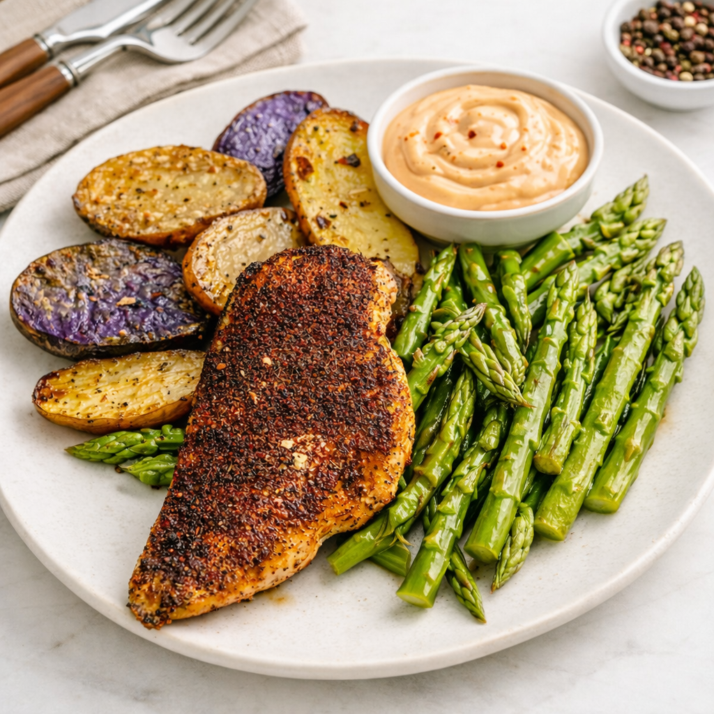 Blackened Chicken with Fingerling Potatoes and Asparagus
