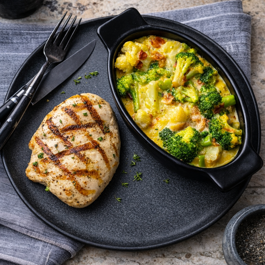 Grilled Chicken Over Cheesy Bacon Broccoli Casserole
