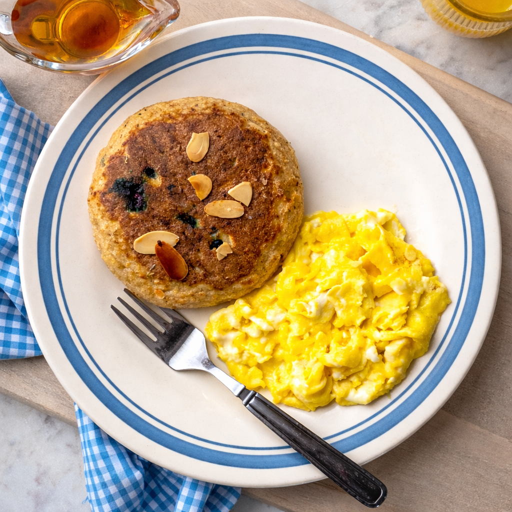 Blueberry Protein Pancake with Scrambled Eggs